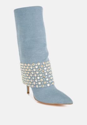 Womens Mike Drop Diamante and Rhinestones Denim Boots