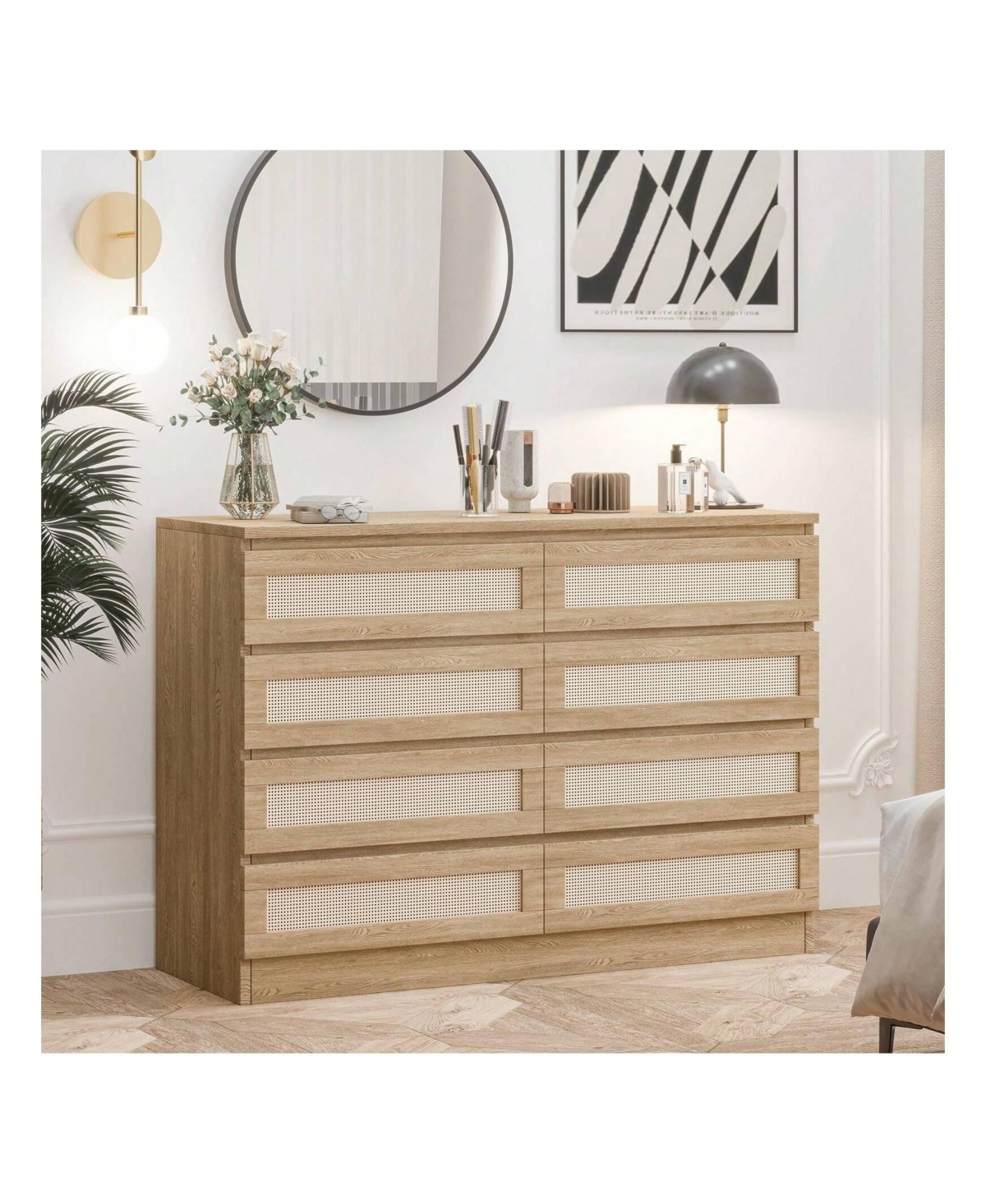 gaomon 8 Drawer Double Dresser For Bedroom, Rattan Chest Of Dressers, Modern Wooden Dresser Chest