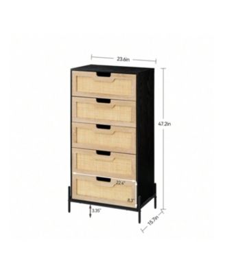 Modern Rattan 5 Drawers Dresser, Double Dresser For Bedroom, Chest Of Drawers Closet Organizers And Storage Clothes For Bedroom Living Room