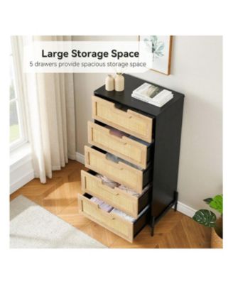 Modern Rattan 5 Drawers Dresser, Double Dresser For Bedroom, Chest Of Drawers Closet Organizers And Storage Clothes For Bedroom Living Room