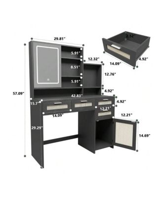 Makeup Vanity With Lights In 3 Colors And Openable Mirror, Vanity Desk With 4 Drawers, 1 Cabinets And Shelves, Vanity Table Rattan Vanity Dresser