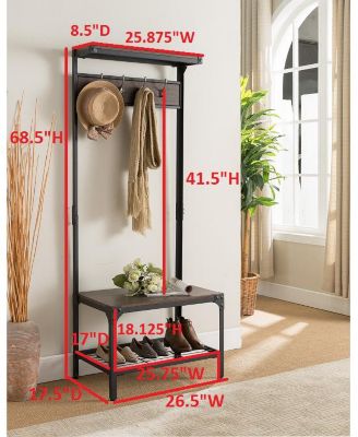 3-in-1 Hall Tree with Coat Rack, Shoe Bench & Storage Shelf – Entryway Organizer with 9 Hooks, Black/Walnut, Easy Assembly