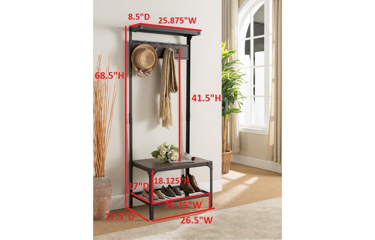 Kings Brand Furniture Entryway Bench with Storage Rack - Metal Shoe Rack & Coat Rack with Shelf & Hooks - Antique Hallway Bench -Walnut - Black