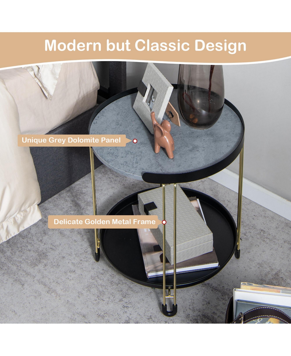 Gymax 2PCS 2-Tier Side End Table Round Nightstand Gold Frame for Living Room - Black + gold + grey