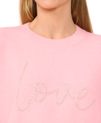 Women's Valentine's Crewneck Beaded Love Script Long-Sleeve Sweater