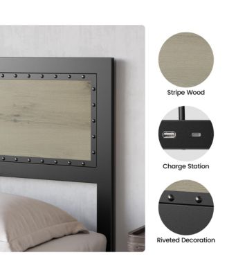 King Size Bed Frame with Headboard, Industrial Platform Bed Frame with Charging Station