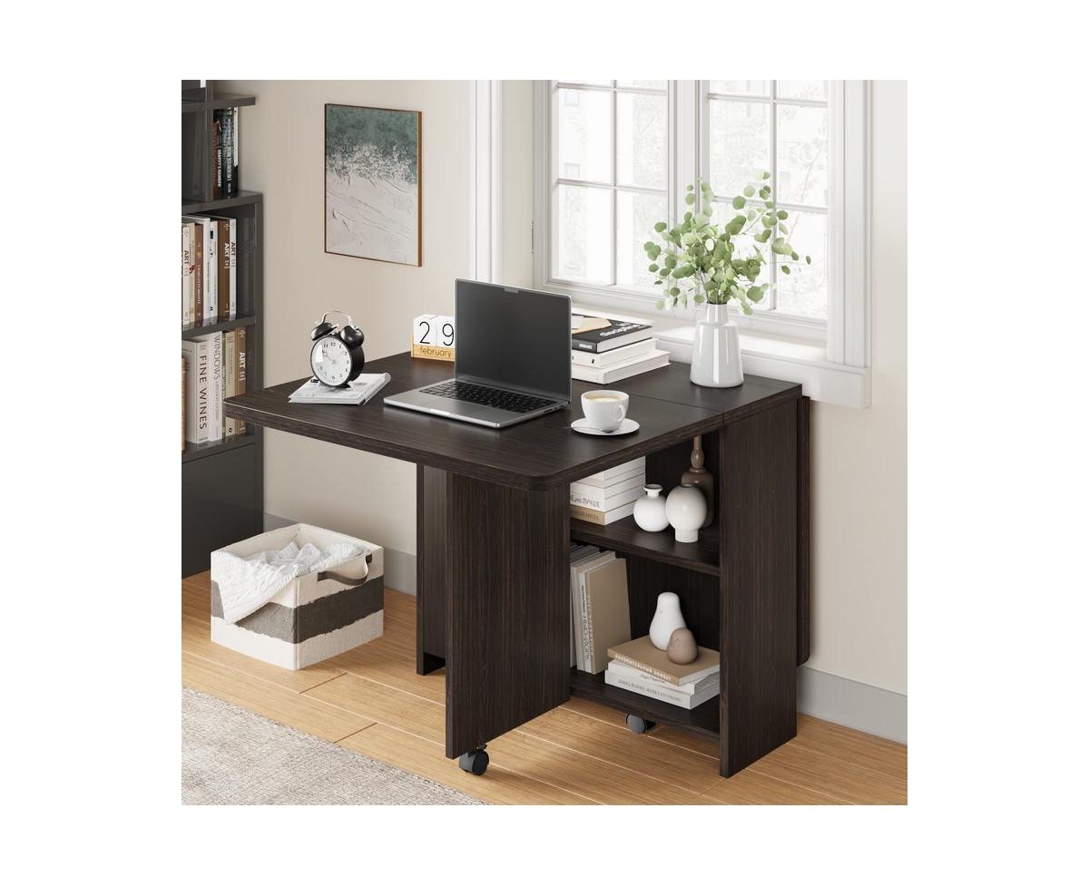 gaomon Space Saving Folding Dining Table with 2 Tier Storage-Extendable Drop Leaf Farmhouse Wood Kitchen Dining Room Tables Set for 4 (Dark Walnut, 50