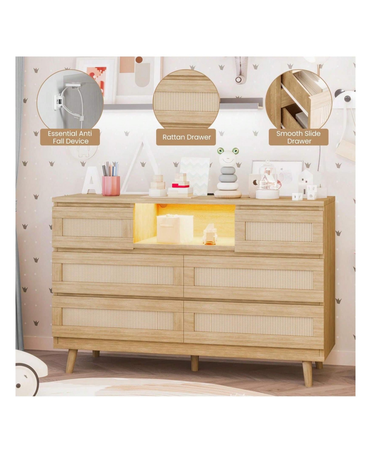 gaomon Natural Rattan Dresser For Bedroom With Led Light And Charging Station, 6 Drawer Double Dressers, Modern Wooden Dresser Chest, Beside Table For