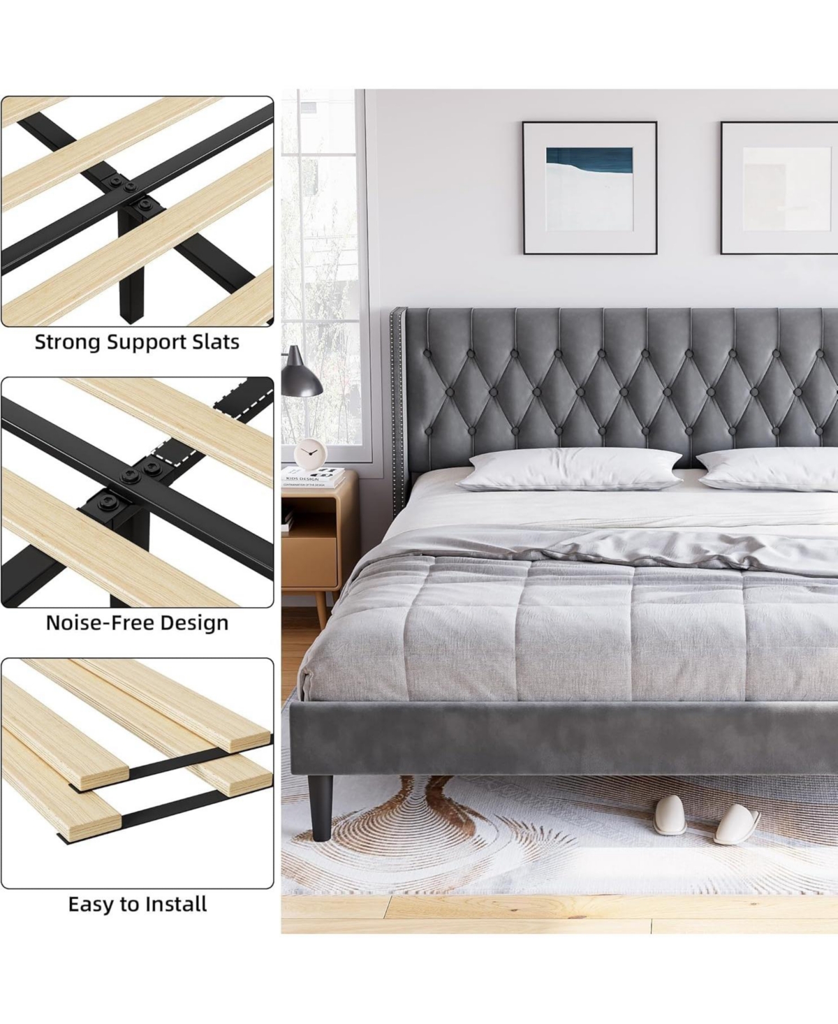 gaomon Size Bed Frame with Headboard, Modern Bed Frame, Deep Button Tufted Headboard with Wingback