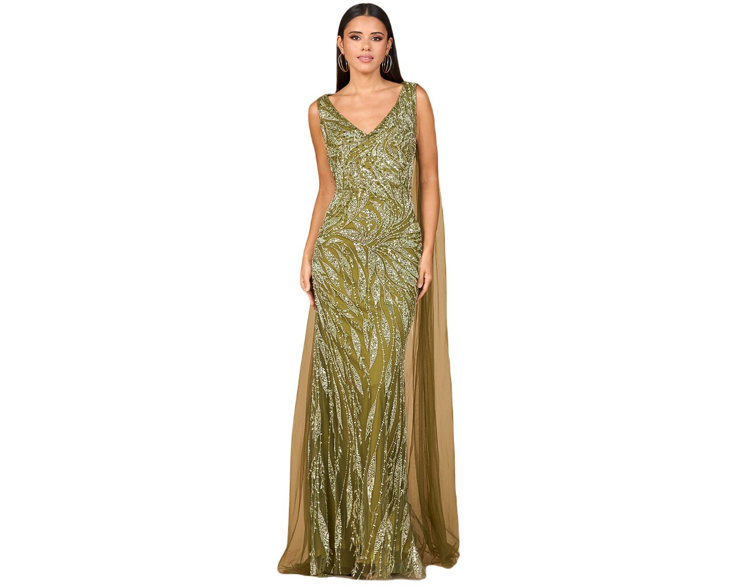 Women's V - Neck Gown with Long Cape Sleeves