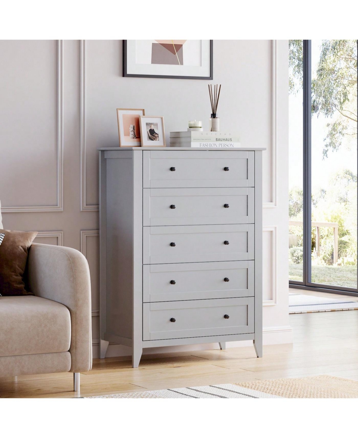 Modern 5 Chest Of Drawer Dresser, Modern Tall Nightstand With Deep Drawers And Nickel Round Handle, Wood Organizer Storage Cabinet For Bedroom, Living