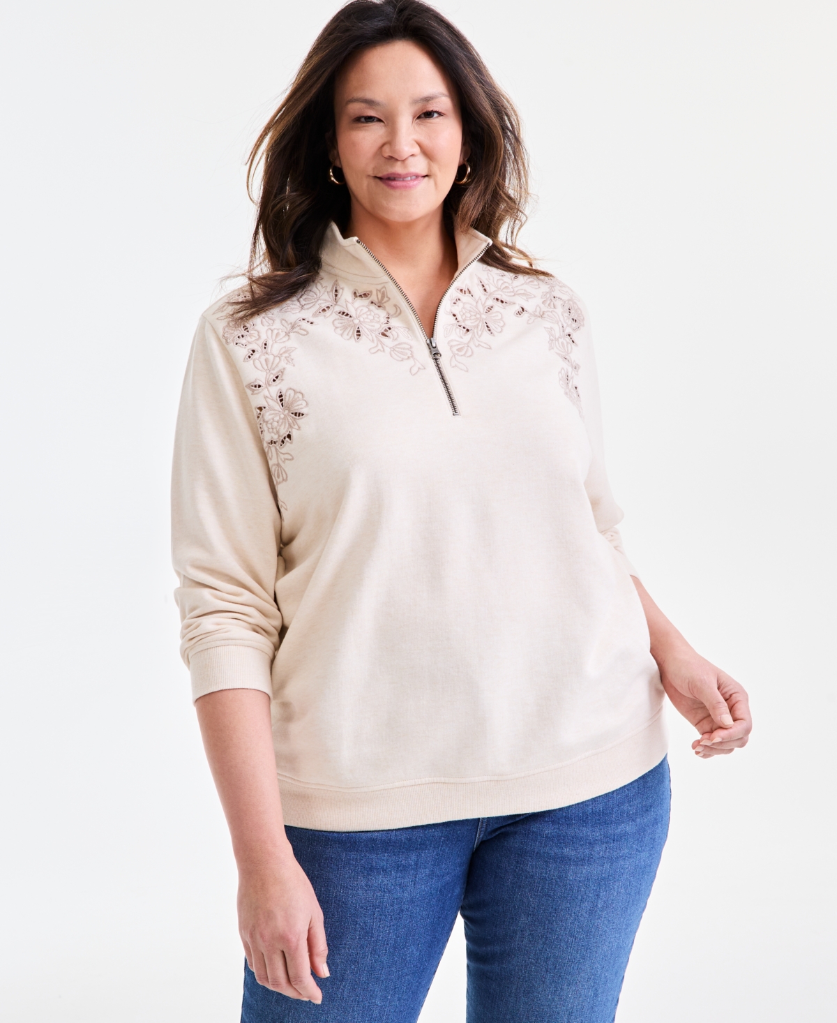Plus Size Embroidered Half-Zip Sweatshirt, Exclusively at Macy's - Red Granite
