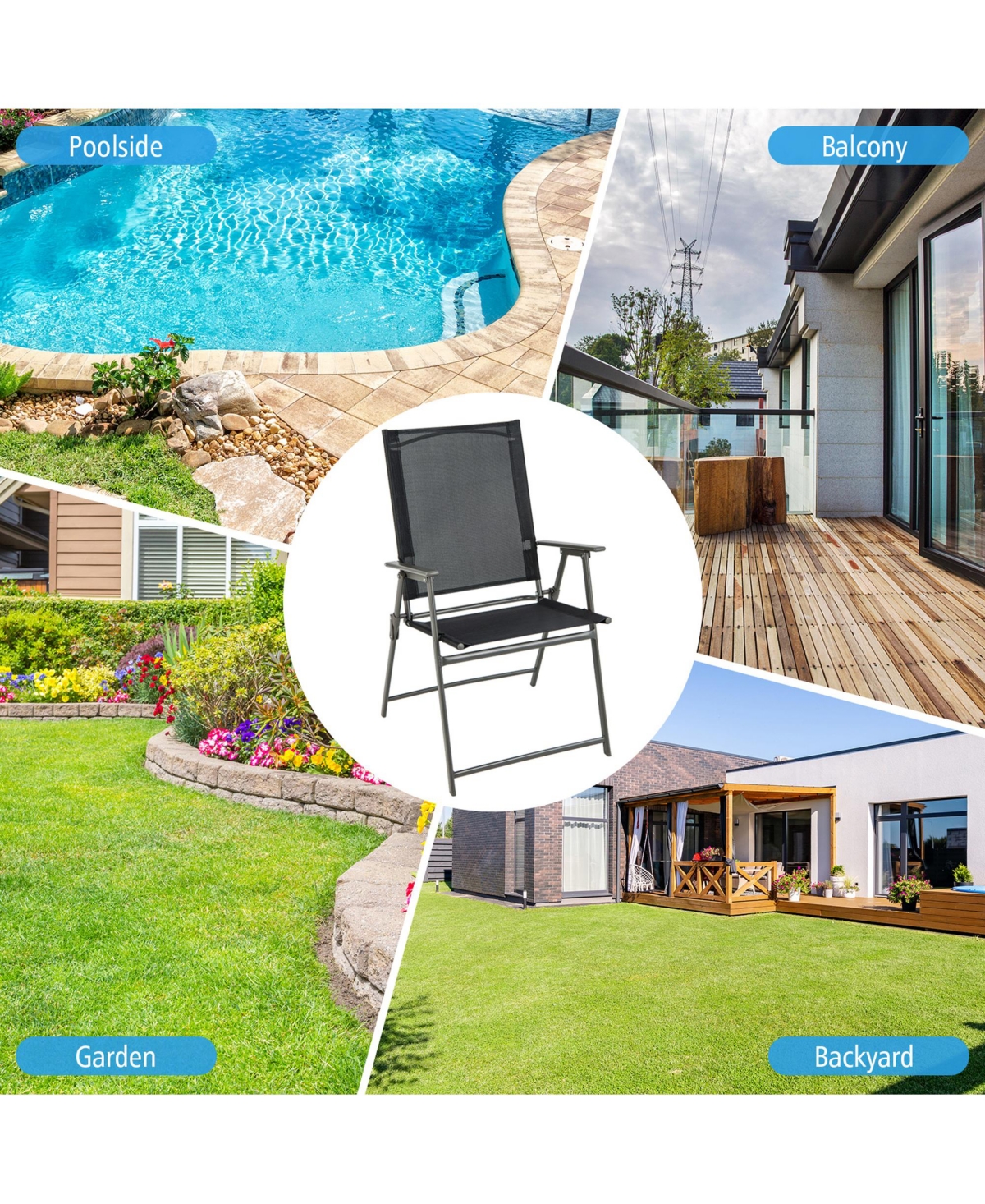 Gymax 4PCS Patio Portable Metal Folding Chairs Dining Chair Set Poolside Garden - Black+grey
