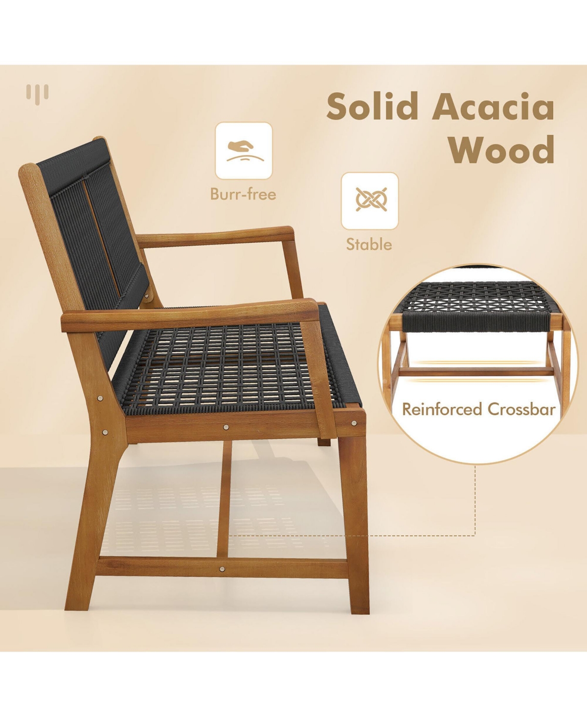 Gymax Patio 4PCS Acacia Wood Dining Chairs All-Weather Rope Woven Armchairs Outdoor - Black+natural