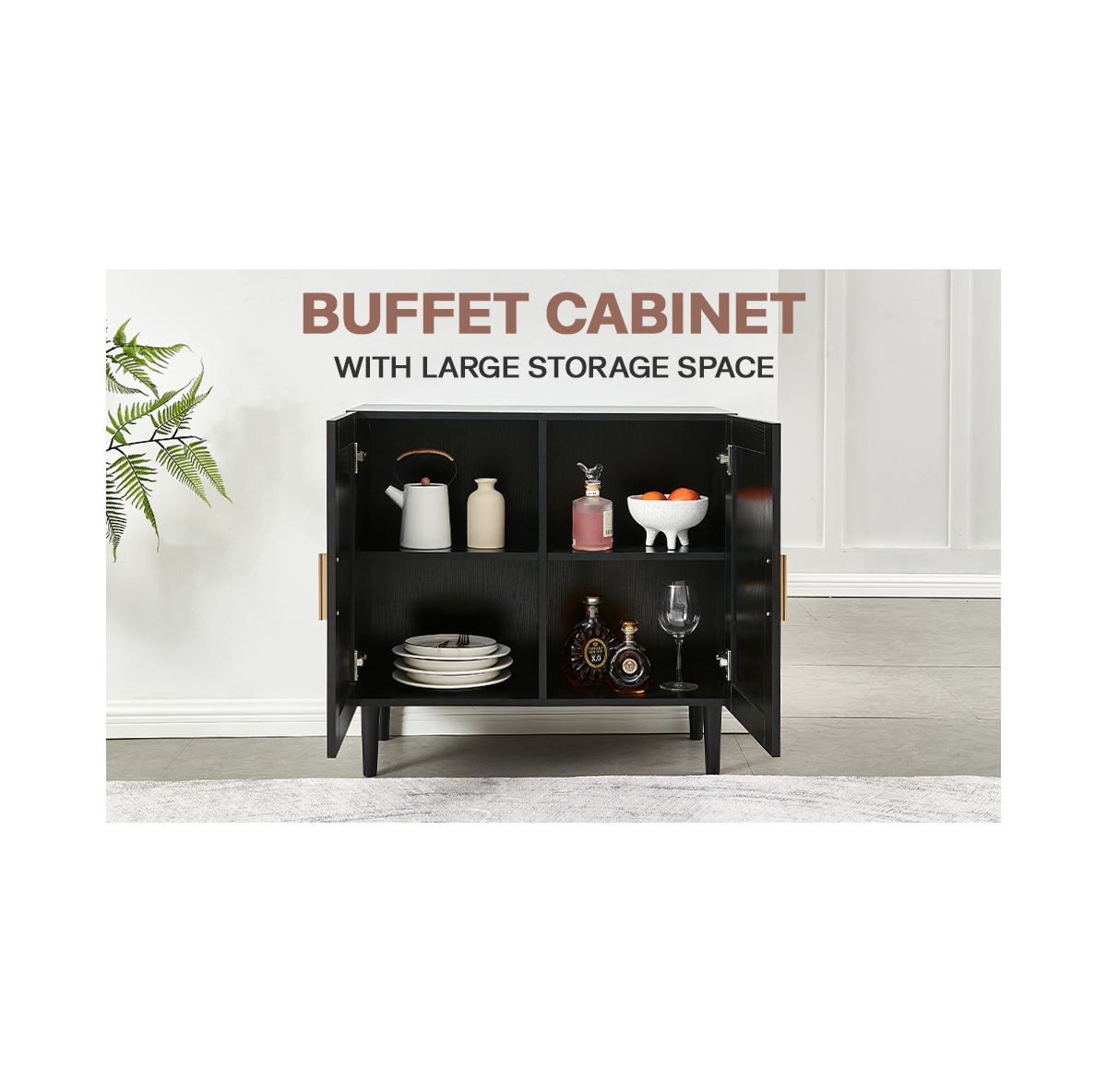 Slickblue Side Panel Buffet Cabinet with Door and Rattan Design, Featuring Adjustable Shelves for Versatile Storage