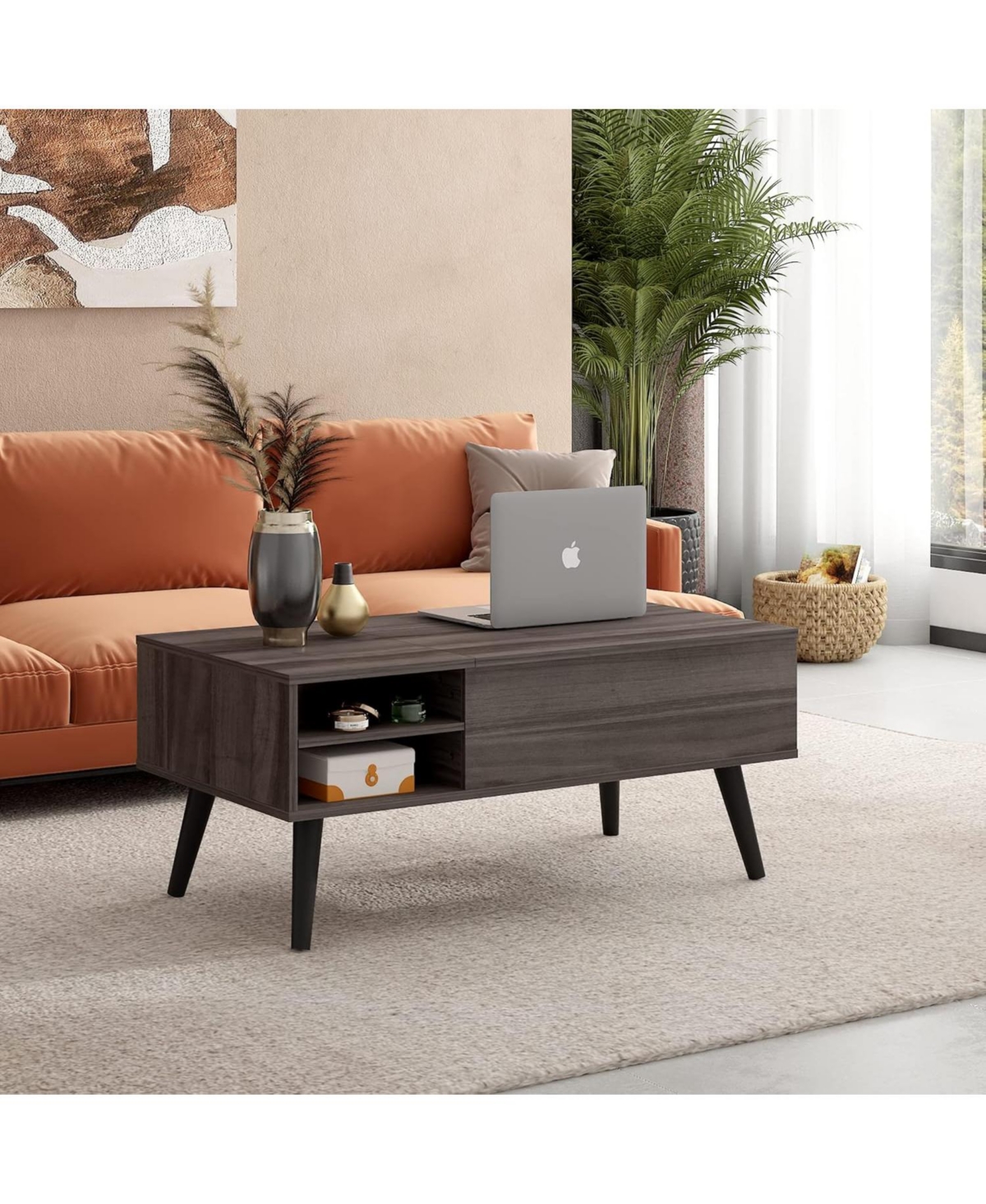 Wlive Lift Top Coffee Table with Storage for Living Room,Small Hidden Compartment and Adjustable Shelf,Mid Century, Modern ,Wood- Grey