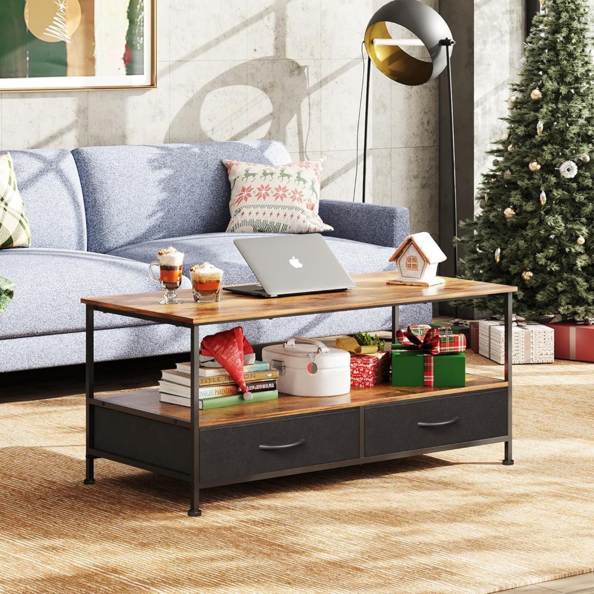 Wlive Coffee Table with Storage Drawers and Open Shelf, Mid-Century Modern Wood and Metal Cocktail Table for Living Room
