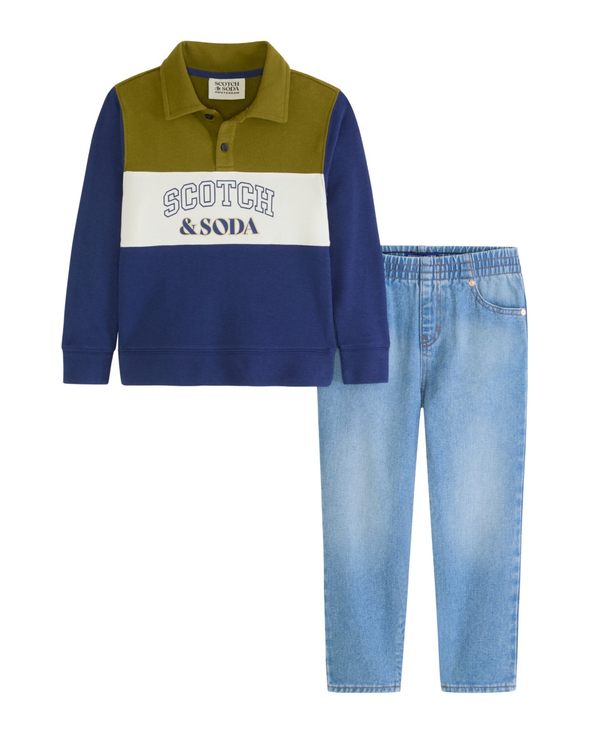 Scotch & Soda Little Boys French Terry Graphic Polo Denim Pant Set, 2- Piece Set In Evening Skies