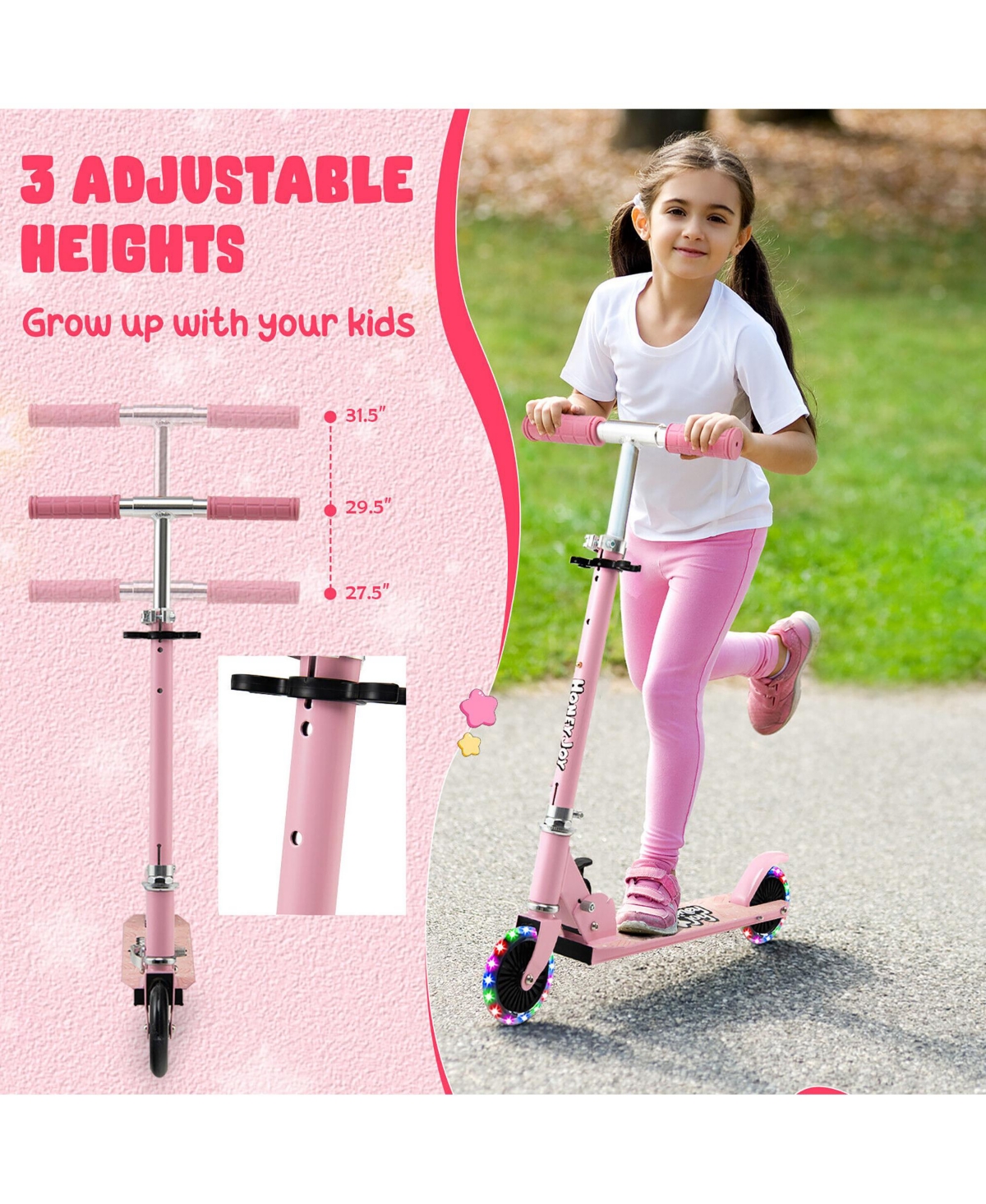 Gymax Folding Adjustable Height Kids Toy Kick Scooter Rear Brake 2 Flashing Wheels- Pink