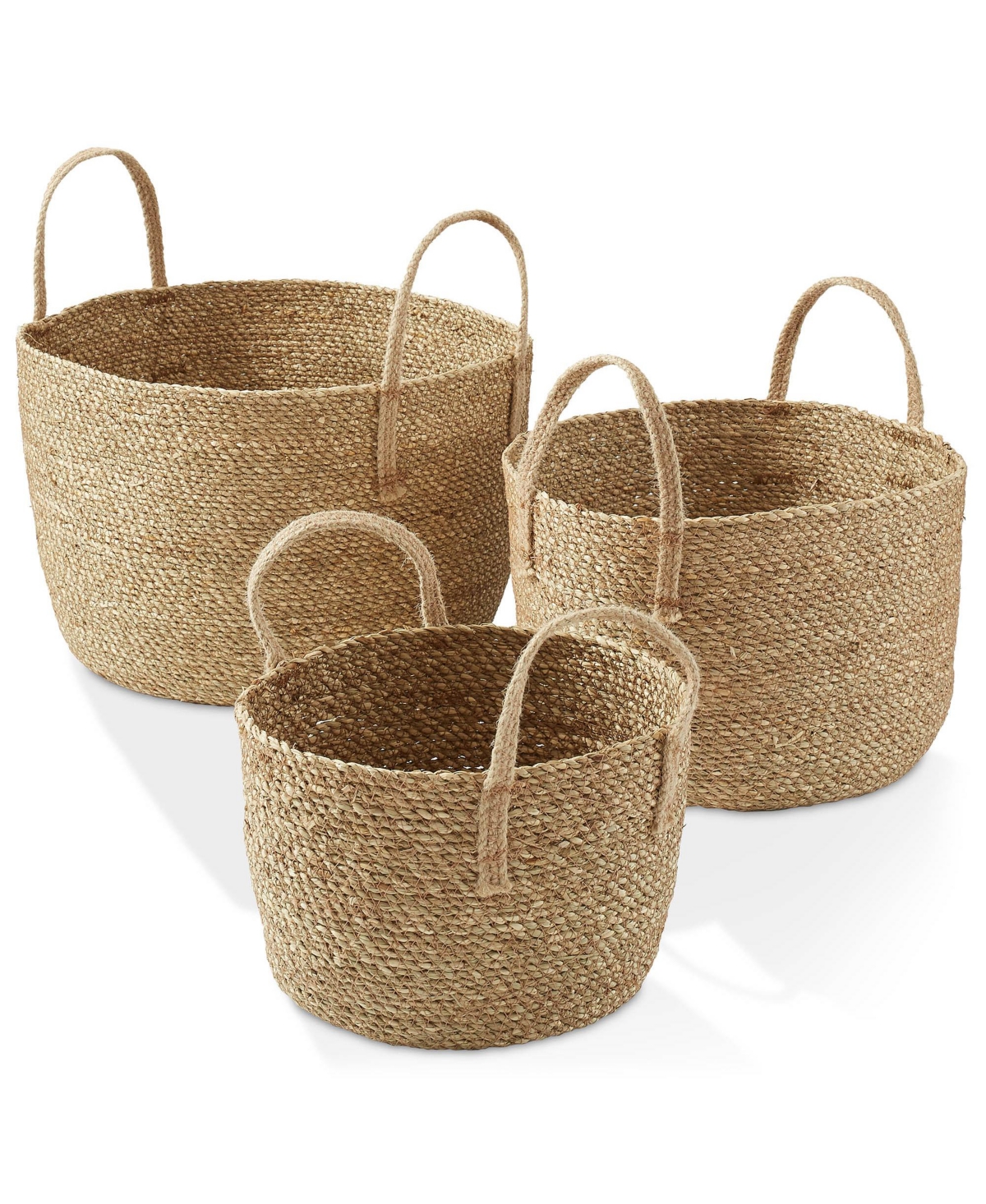 (Set of 3) Braided Seagrass Basket Planters, Natural Woven Storage Bins for Boho Home Decor, Indoor Plant Pot Covers - Natural