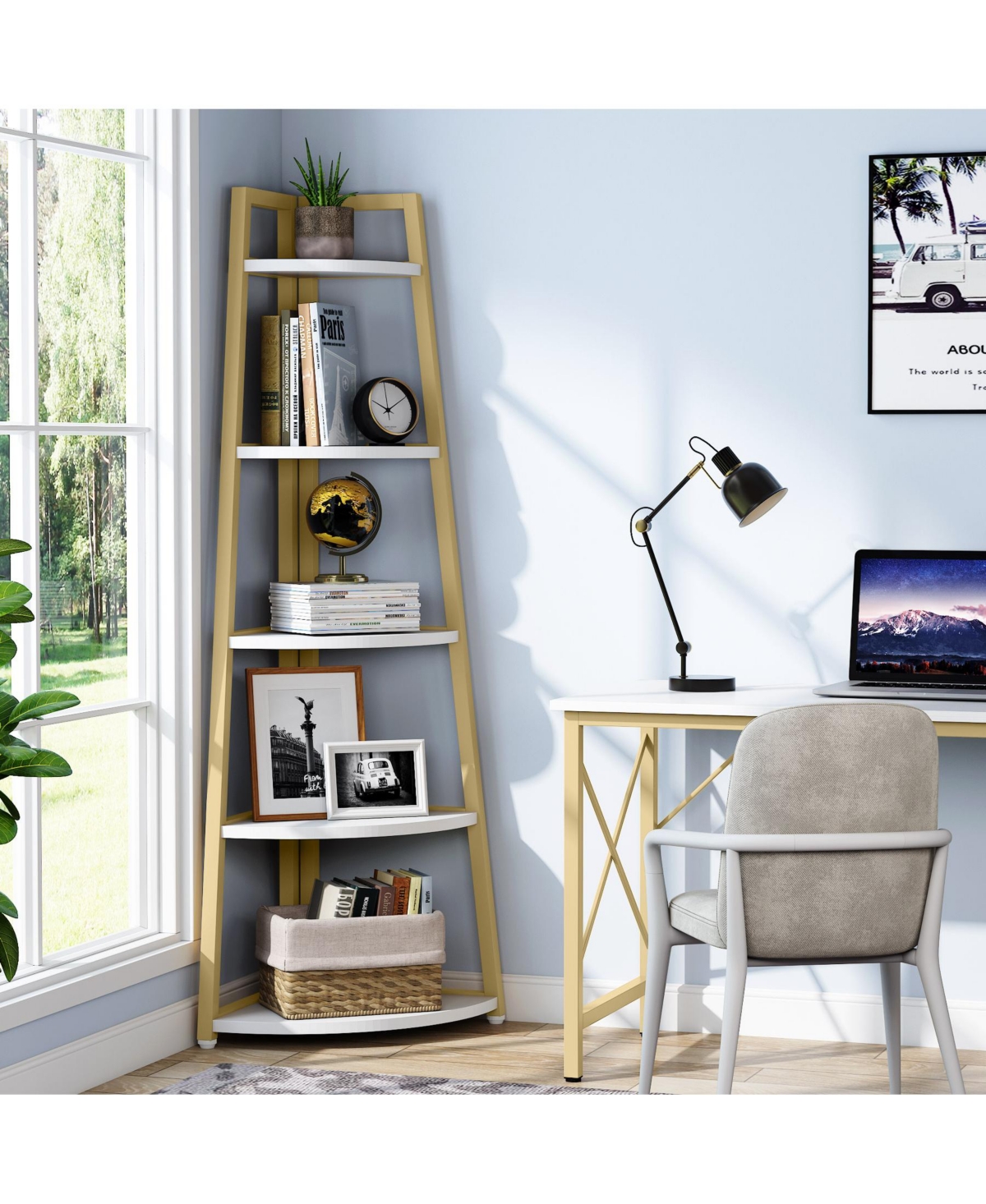 Tribesigns 5 Tier Industrial Corner Bookshelf Bookcase,70 inch Tall Corner Shelf,Industrial Corner Ladder Shelf Plant Stand - White and gold