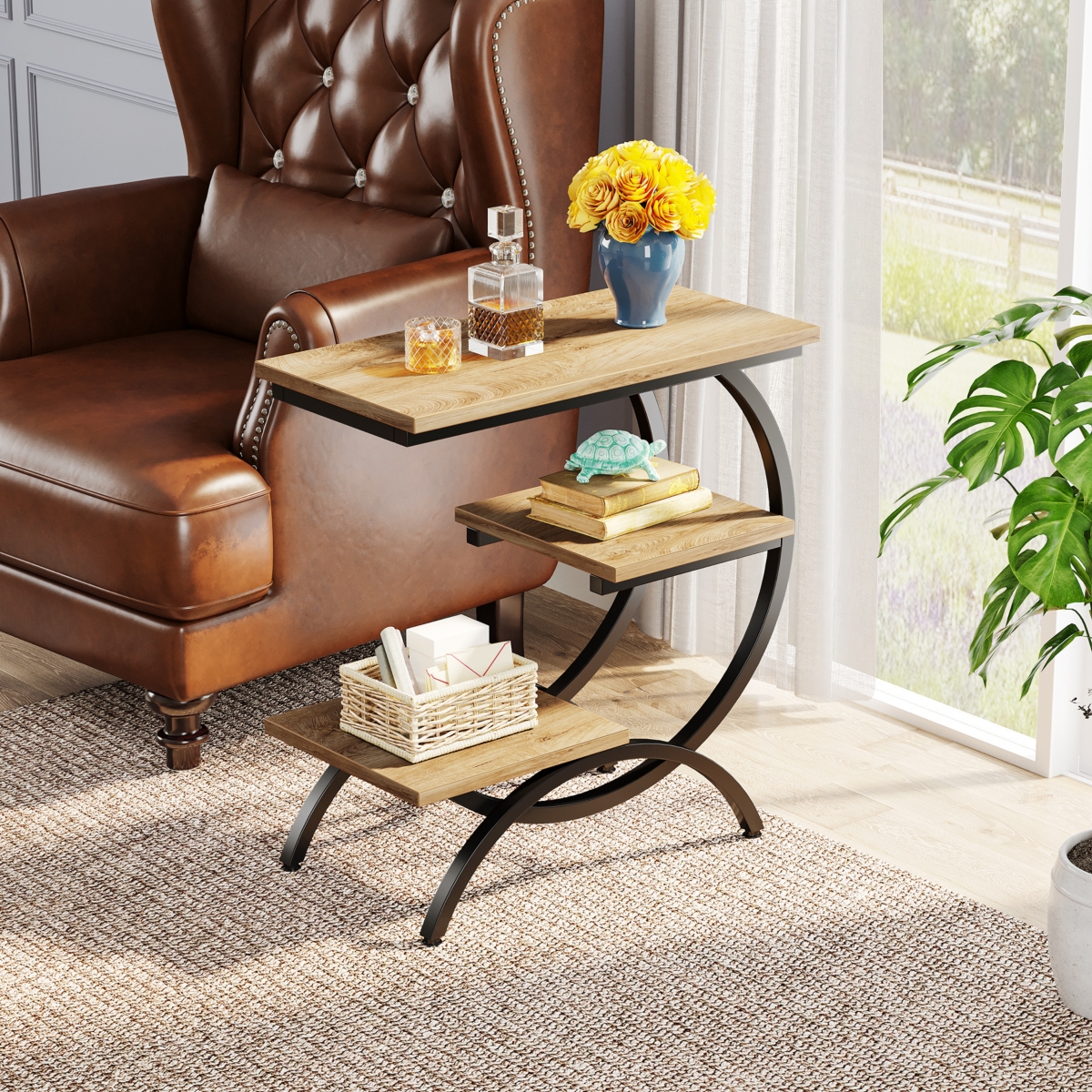 Tribesigns 3-Tier Side Table with Storage Shelves Set of 2,Wood C-Shaped End Table for Living Room Space - brown