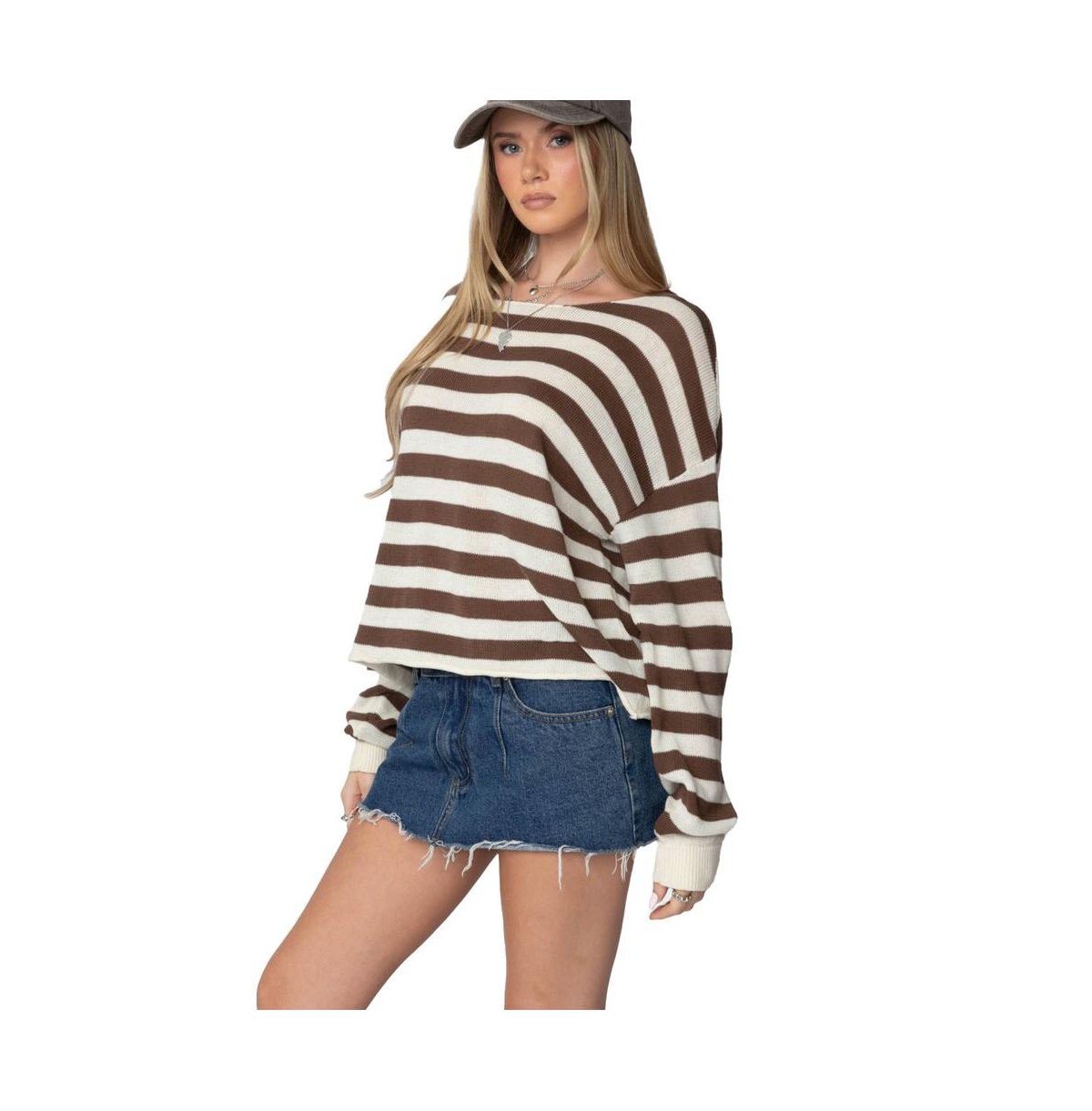 Edikted Women's Anney Oversized Striped Sweater - Brown-and-cream