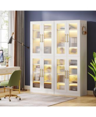 Bookcase with Doors and LED Light, 67-inch Tall  Bookshelf with 8-Tier Adjustable Shelves and Hanging Hooks, Freestanding Storage Cabinet