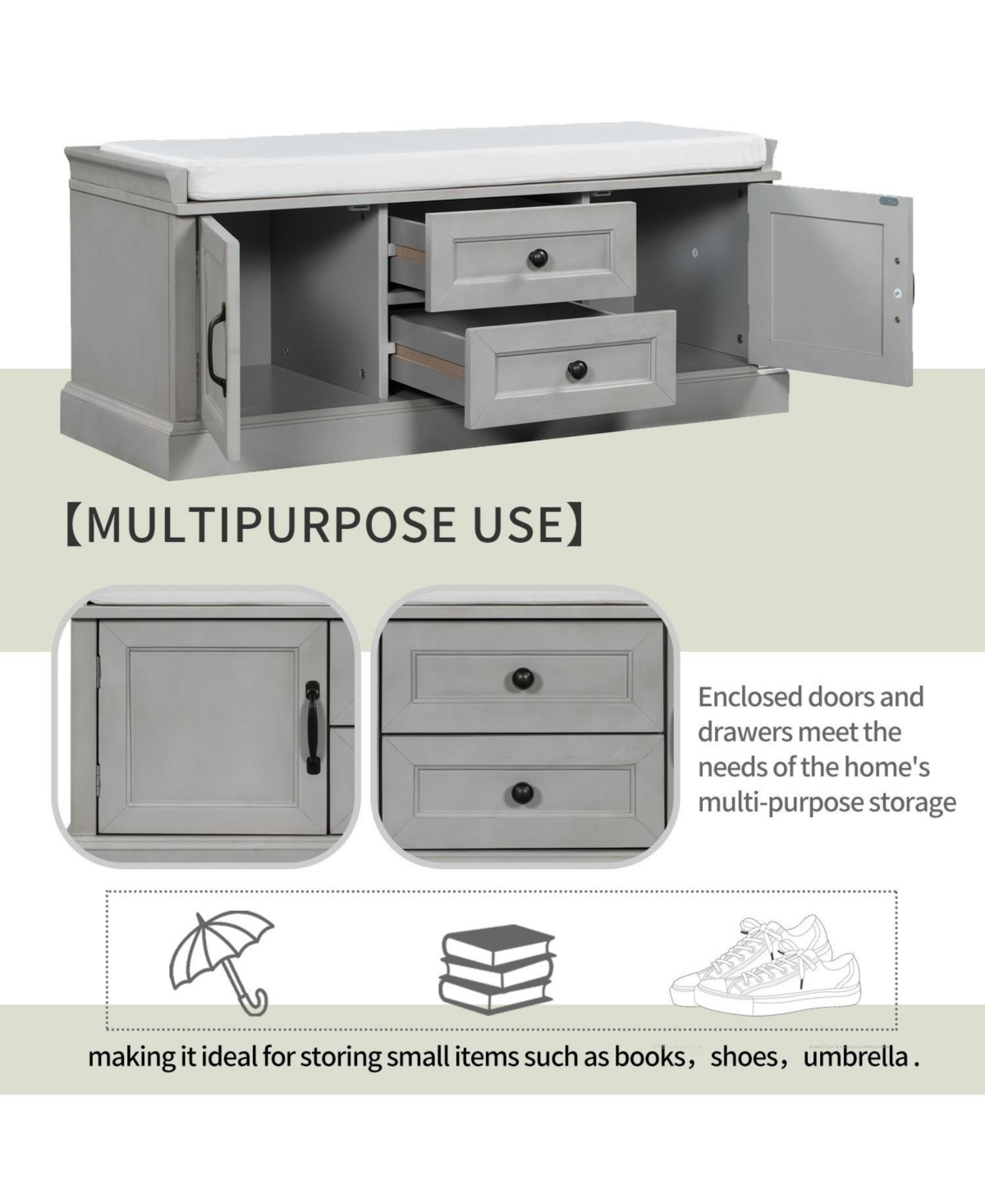 Slickblue Storage Bench with 2 Drawers and Cabinets Shoe Bench with Removable Cushion for Living Room and Entryway