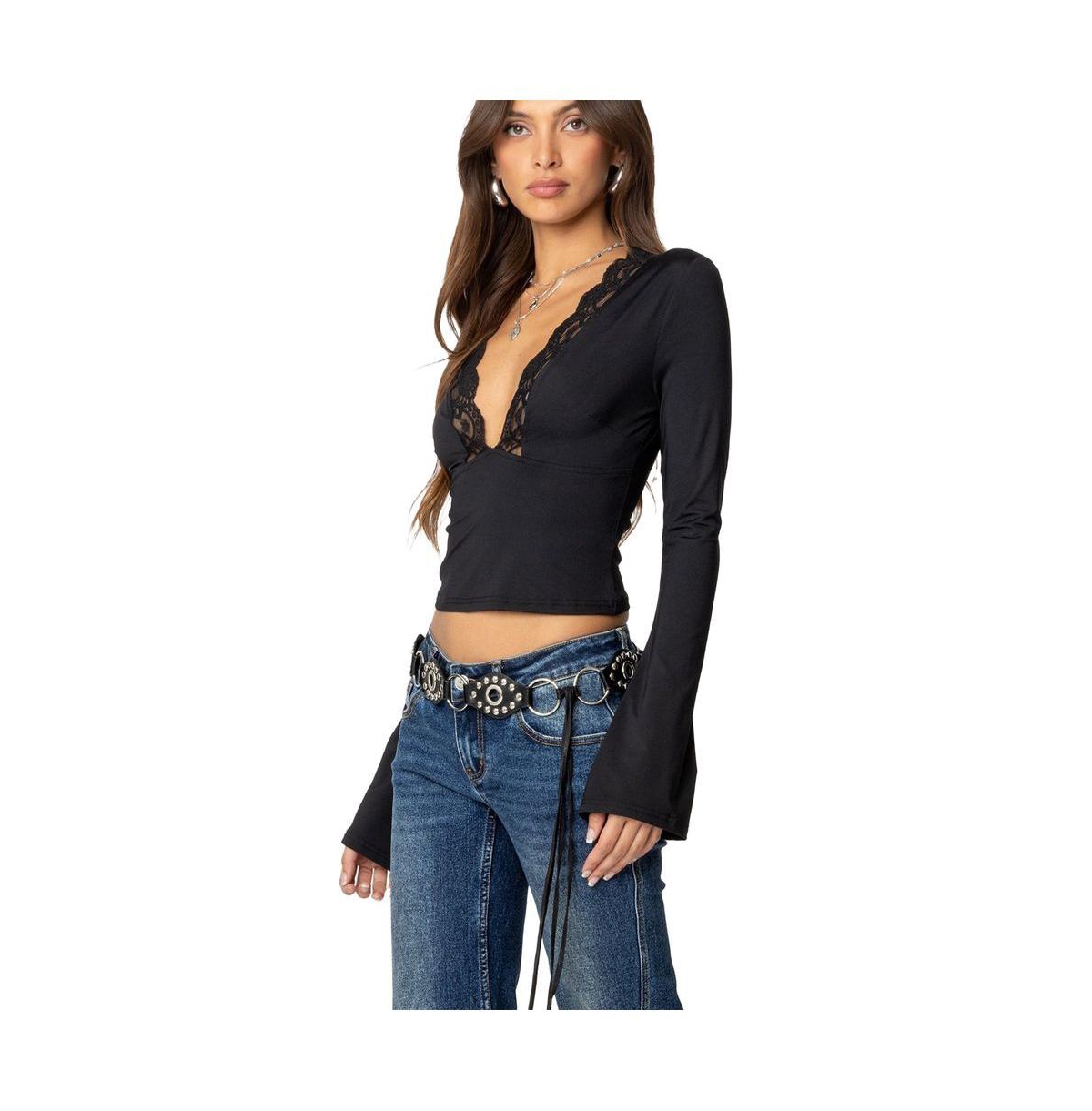 Edikted Women's Tina Lacey Plunge Neck Top
