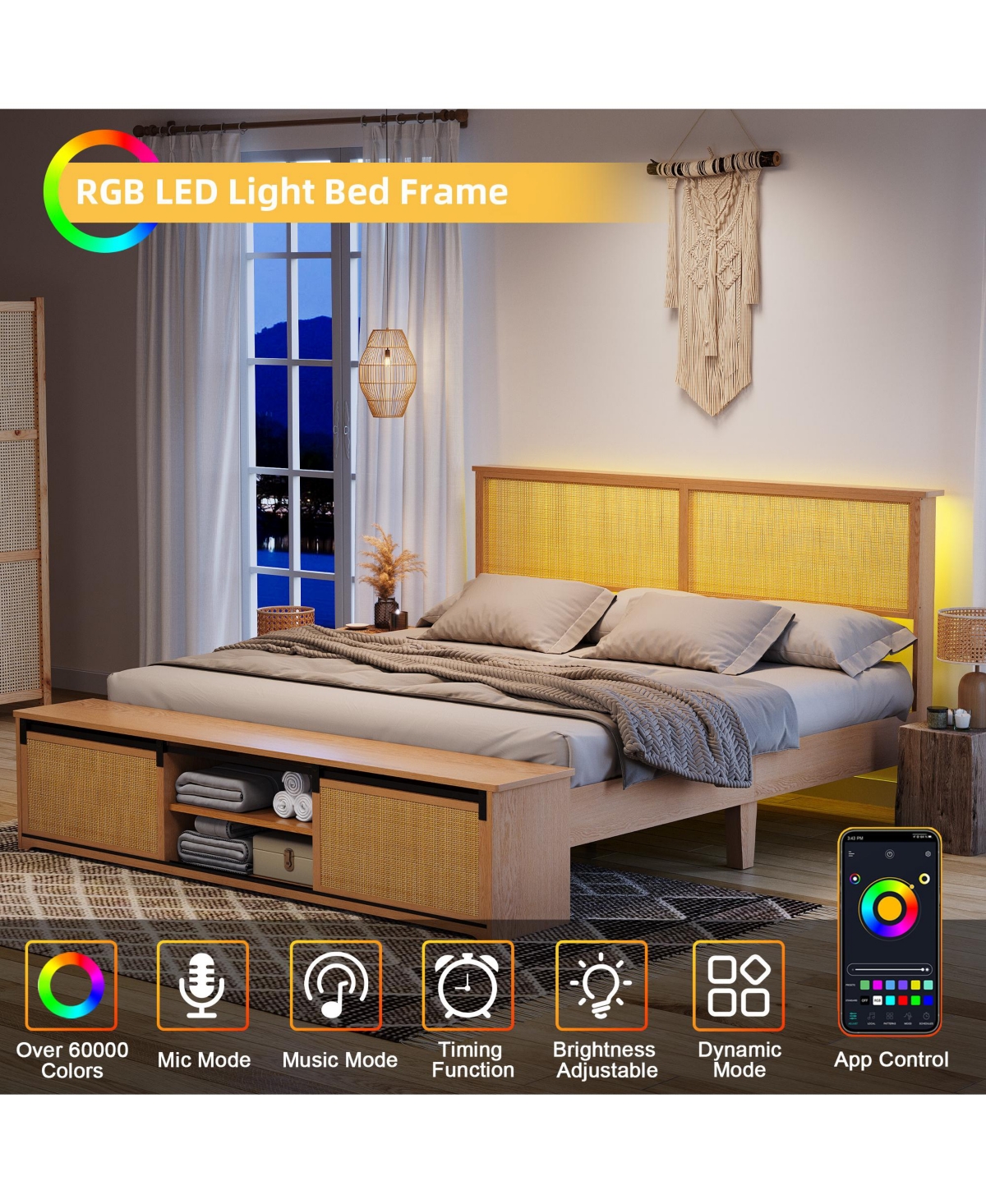 gaomon Bed Frame with Natural Rattan Headboard, Platform Bed Frame Queen Size with Storage Headboard