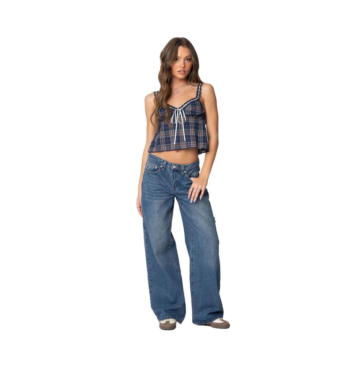 Edikted Women's Plaid Lace Trim Tank Top