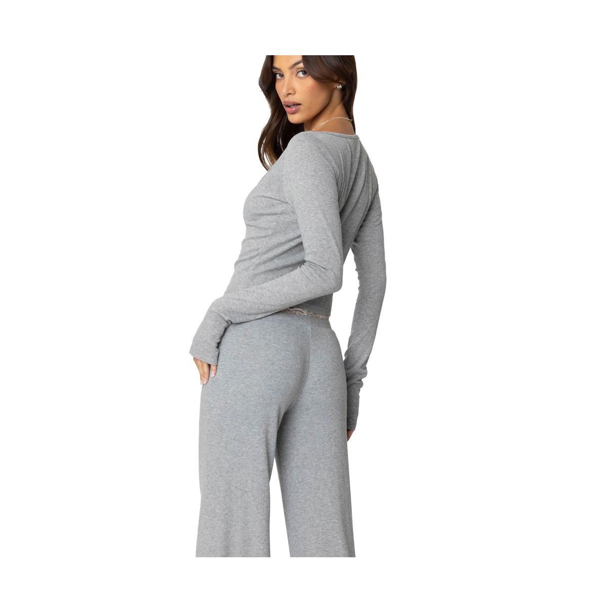 Edikted Women's Peekaboo Lace Long Sleeve Top - Gray-melange