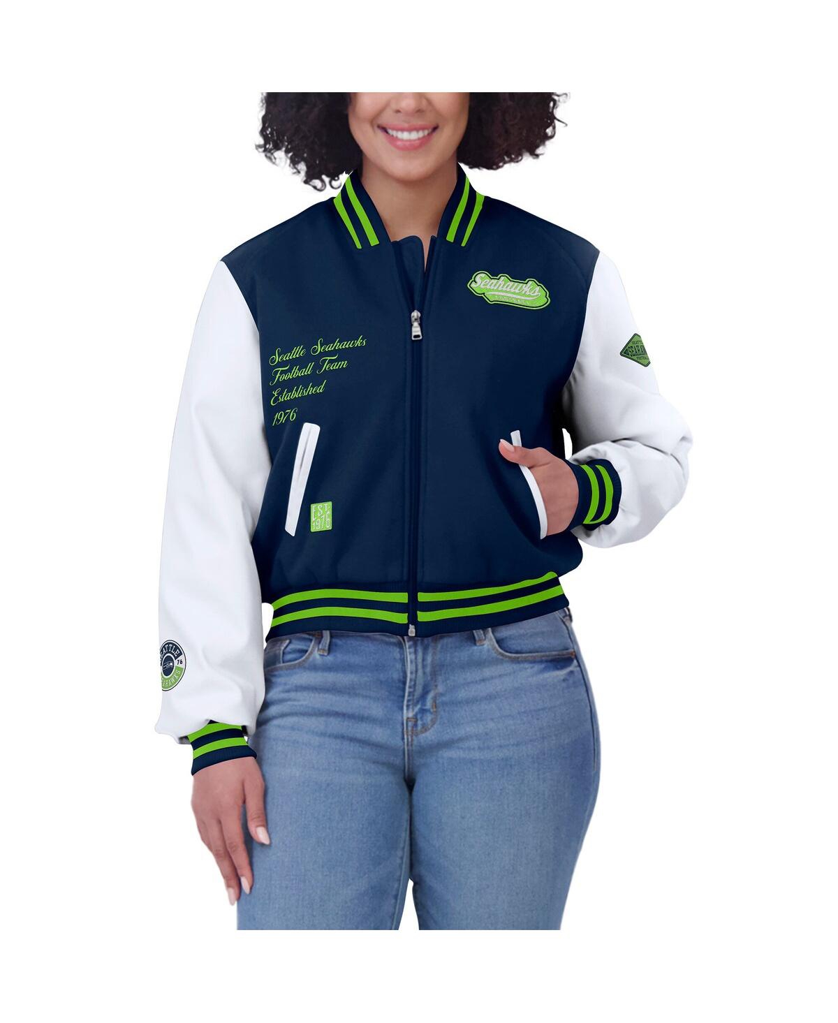 Wear By Erin Andrews Women's College Navy/white Seattle Seahawks Varsity Full-zip Jacket In College Navy,white
