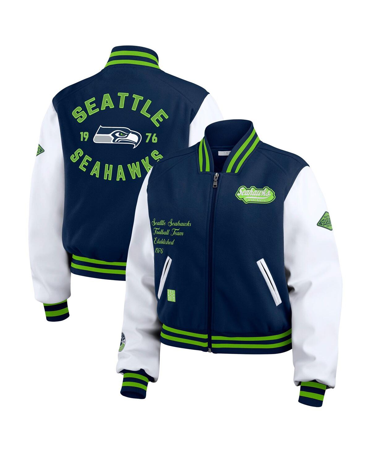 Wear By Erin Andrews Women's College Navy/white Seattle Seahawks Varsity Full-zip Jacket In College Navy,white