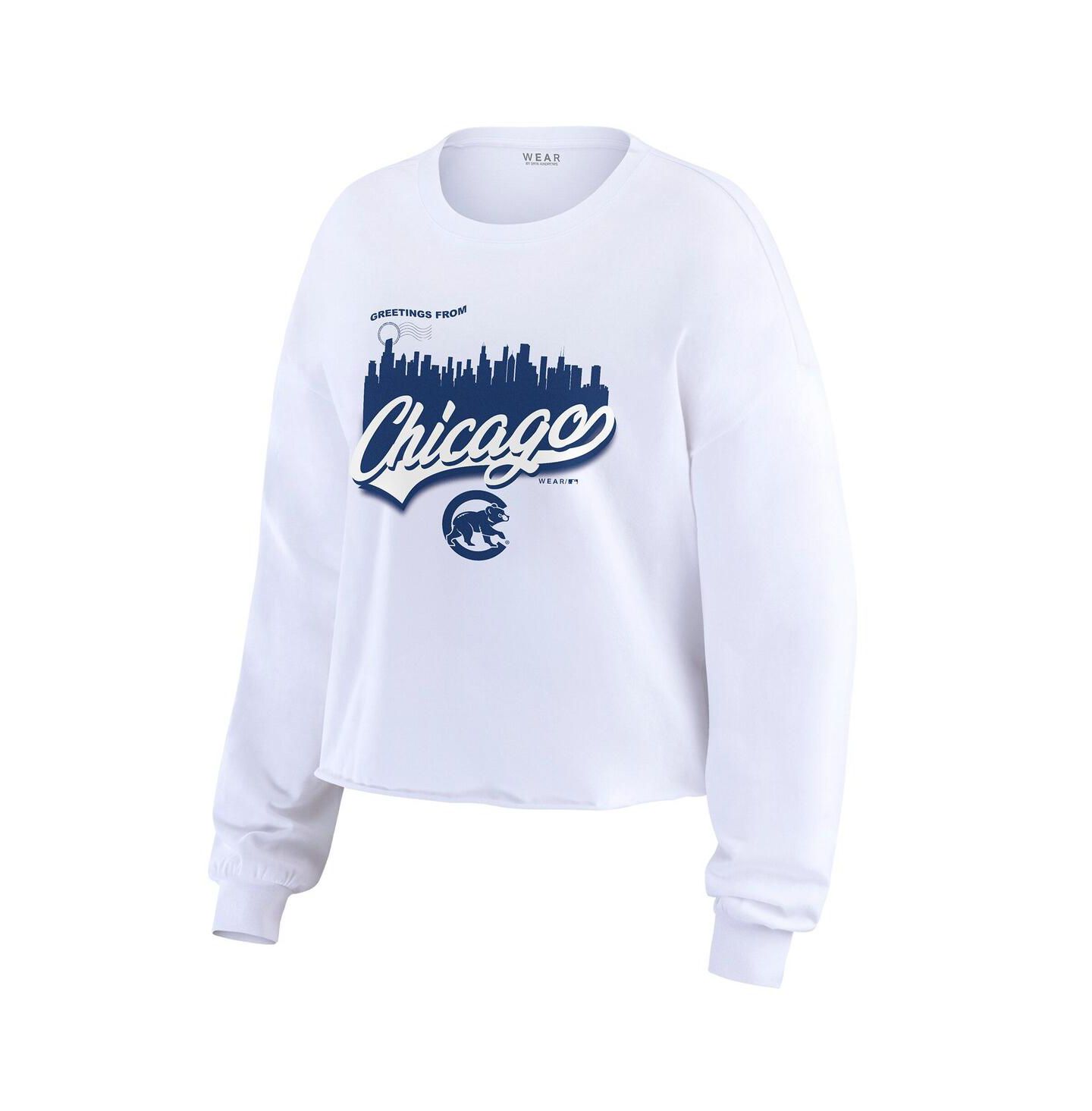 Женская футболка WEAR by Erin Andrews White Chicago Cubs Domestic Postcard Long Sleeve — фото 2