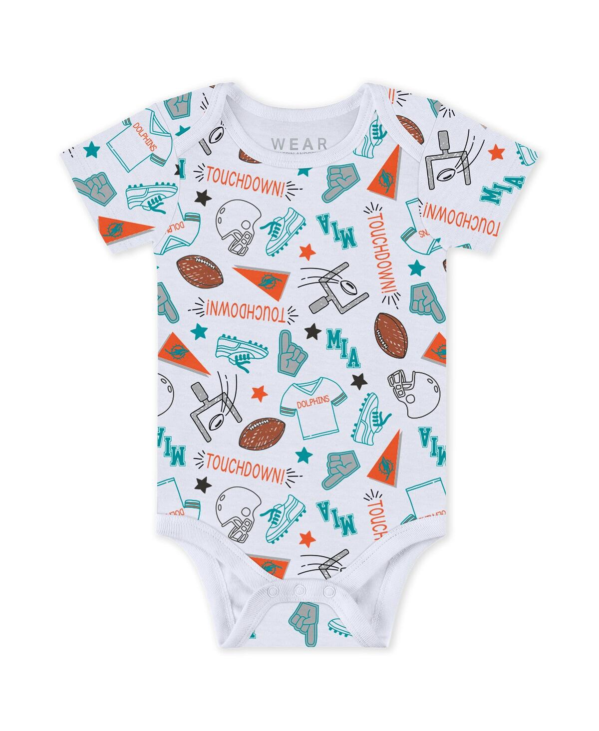 Wear By Erin Andrews Baby Boys And Girls Miami Dolphins Three-piece Turn Me Around Bodysuits Pant Set In Aqua,heather Gray