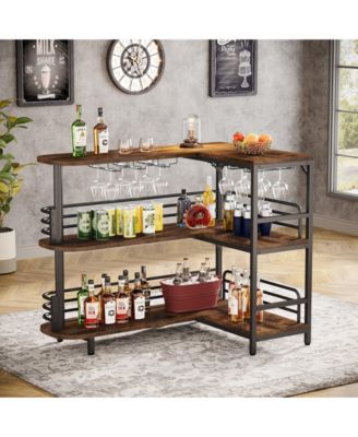 3 Tier Liquor Bar Table with Storage Shelves and Wine Glasses Holder,L-Shaped Home Bar Unit
