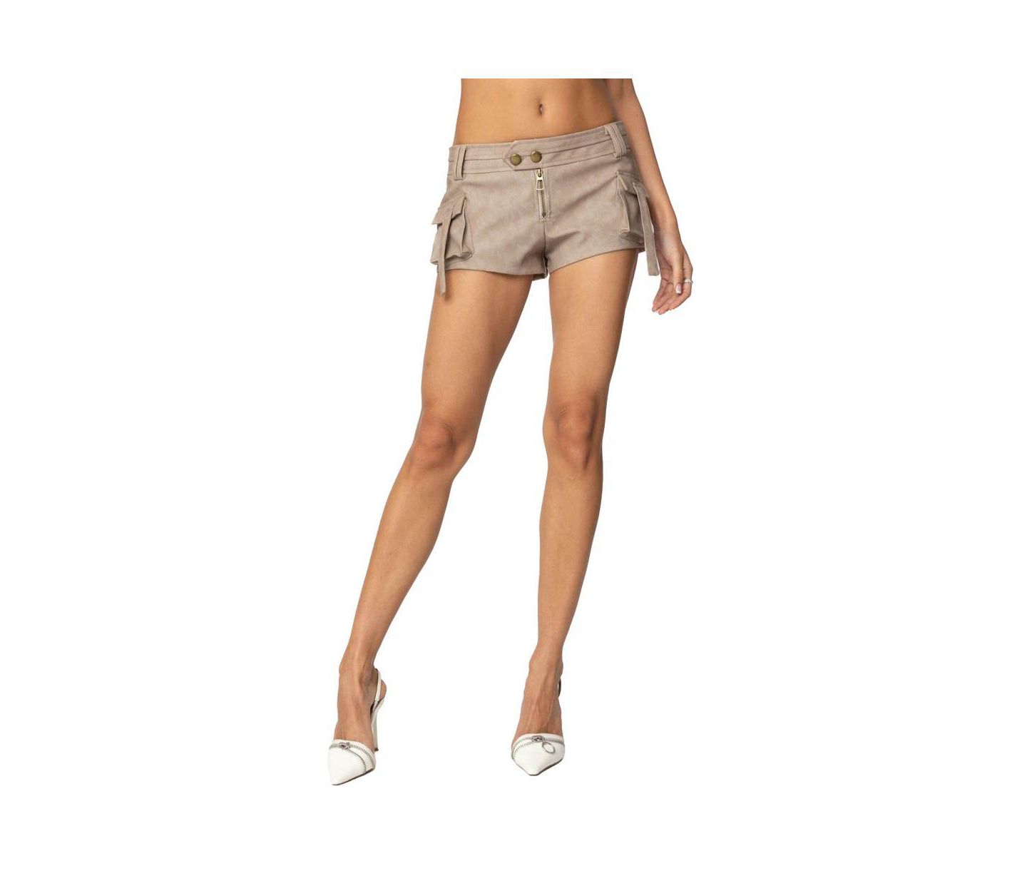 Женские шорты Edikted Washed Faux Leather Micro Cargo, цвет: Бежевый — фото 1