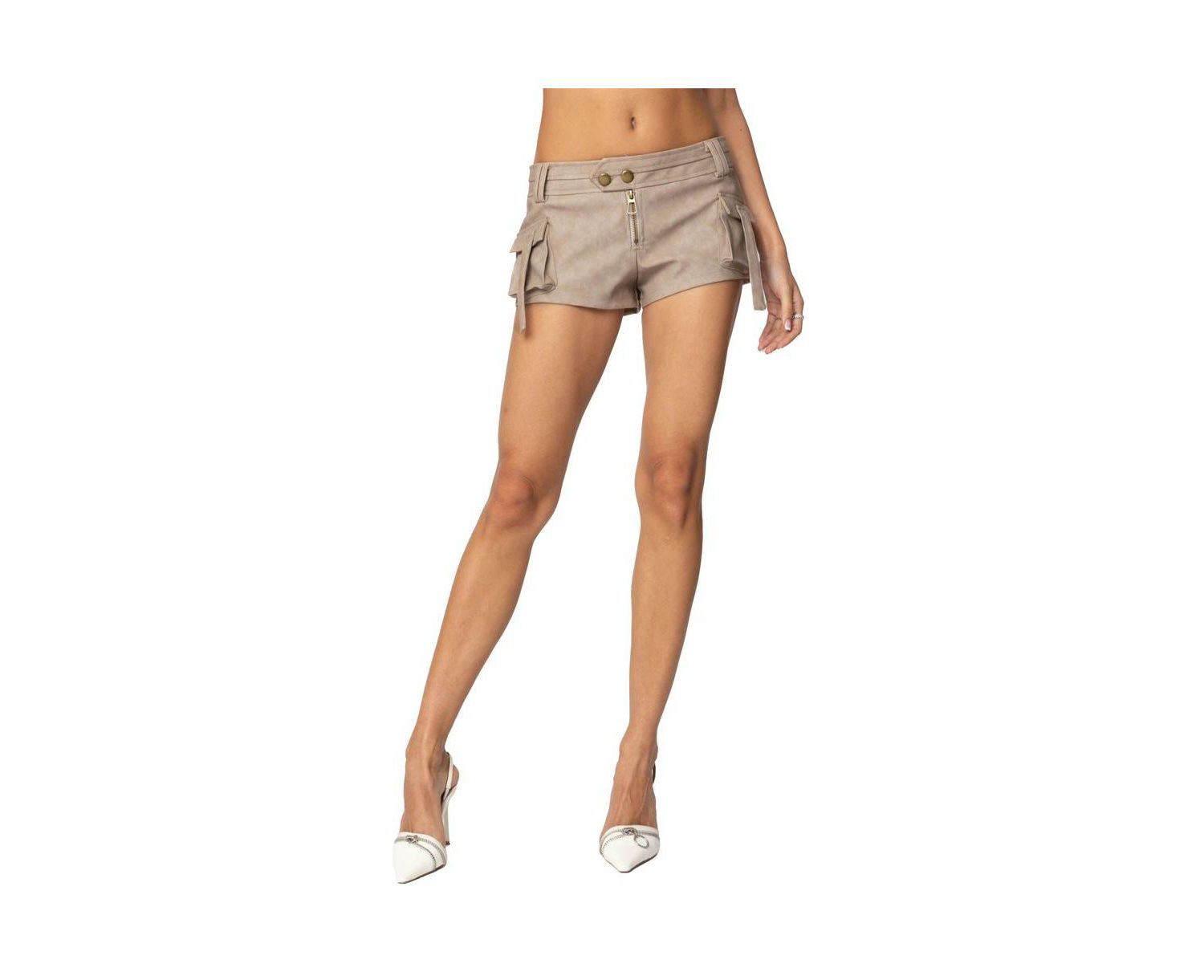 Womens Washed Faux Leather Micro Cargo Shorts