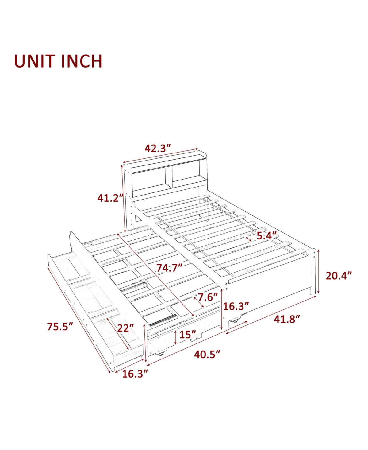 Slickblue Twin Bed with Bookcase, Twin Trundle, and Drawers - StylishBedroom Furniture for Space-Saving Storage - White