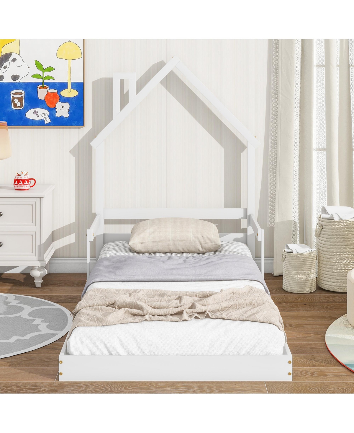 Slickblue Twin House-Shaped Floor Bed with Headboard and Handrails - Stylish and Safe Sleeping Solution for Kids, Includes Slats