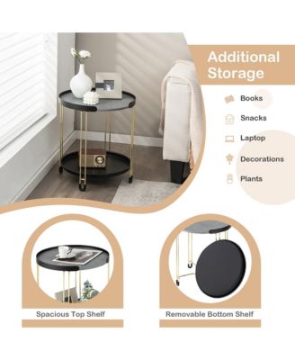 2-Tier Side End Table Round Nightstand Gold Frame for Living Room Bedroom