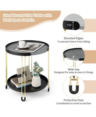 2-Tier Side End Table Round Nightstand Gold Frame for Living Room Bedroom