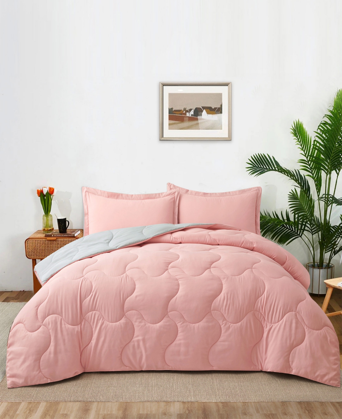 Unikome Lightweight Quilted Reversible Down Alternative Comforter Set, 3 Piece, King In Pink,light Gray