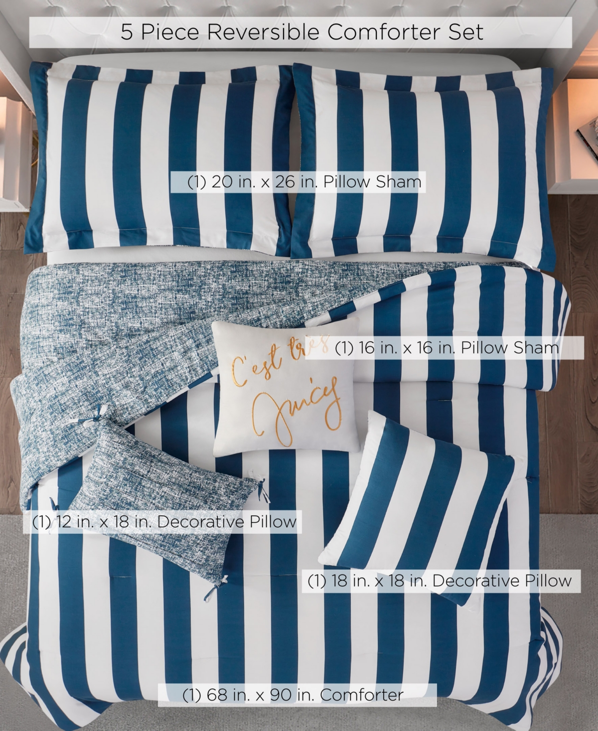 Juicy Couture Cabana Stripe Reversible 5-piece Comforter Set, Twin/twin Xl In White,regal Blue