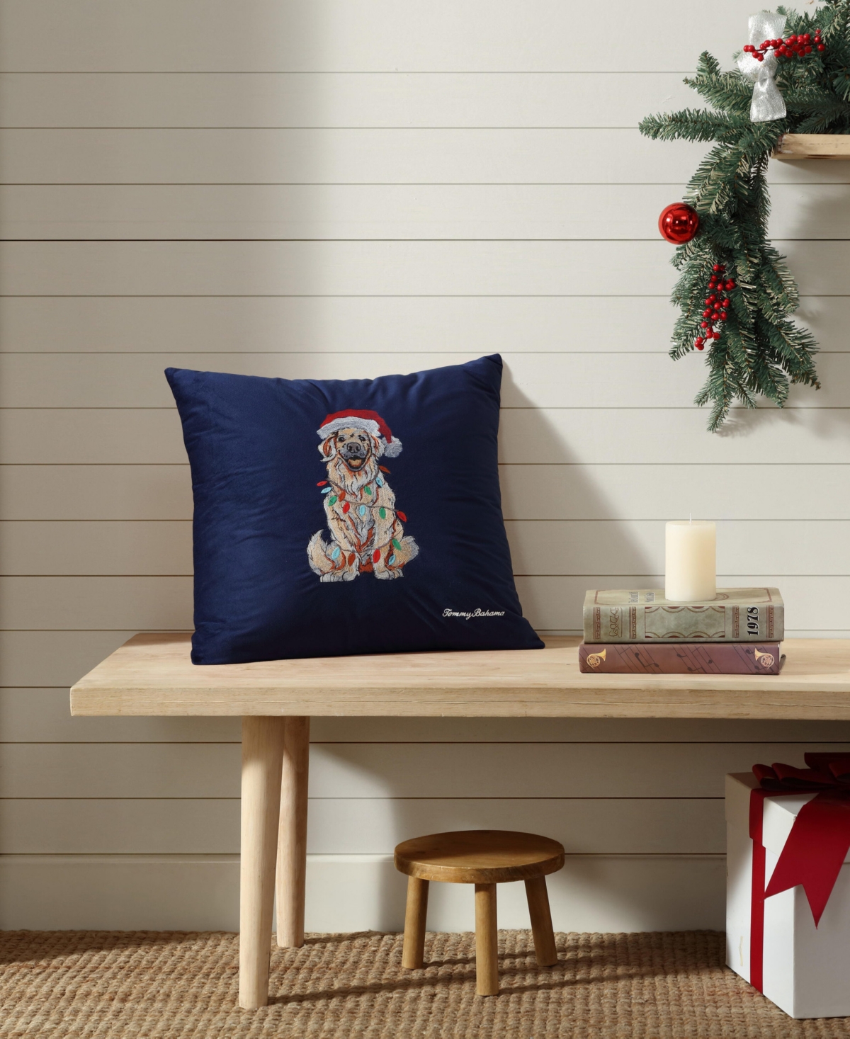 Tommy Bahama Home Holiday Retriever Felt Decorative Pillow, 20" X 20" In Navy