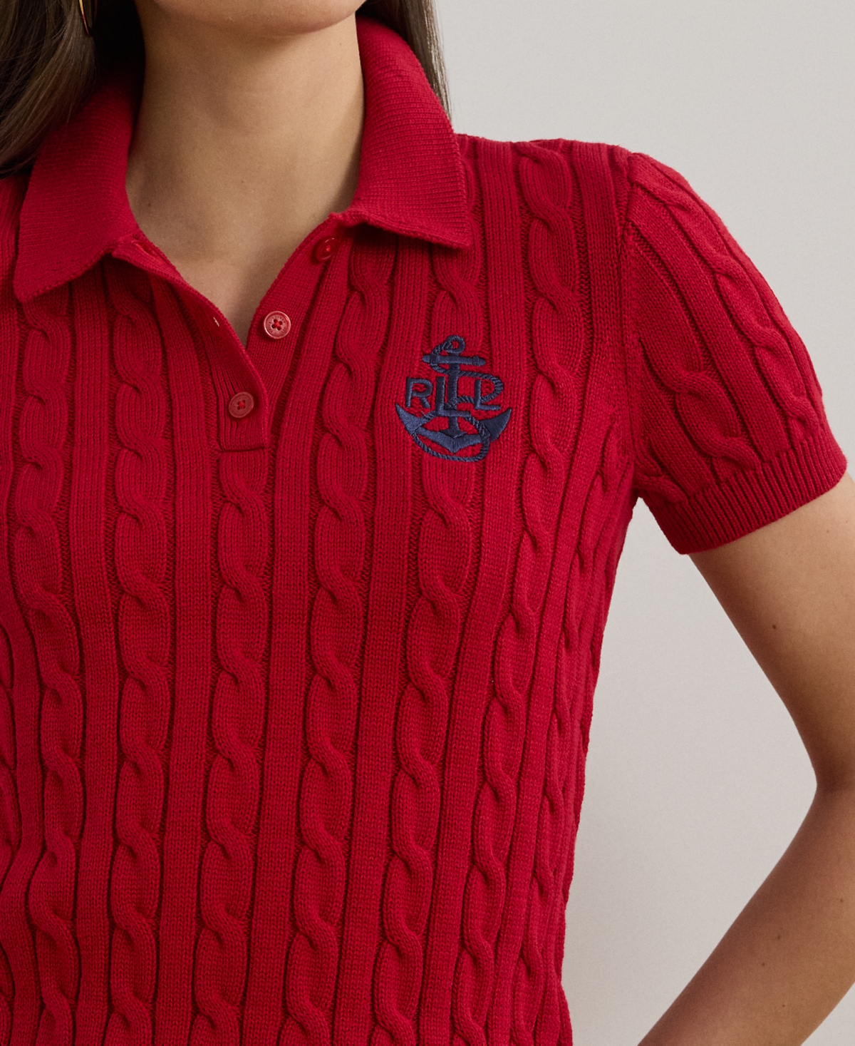Lauren Ralph Lauren Petite Anchor-Logo Cable-Knit Polo Sweater