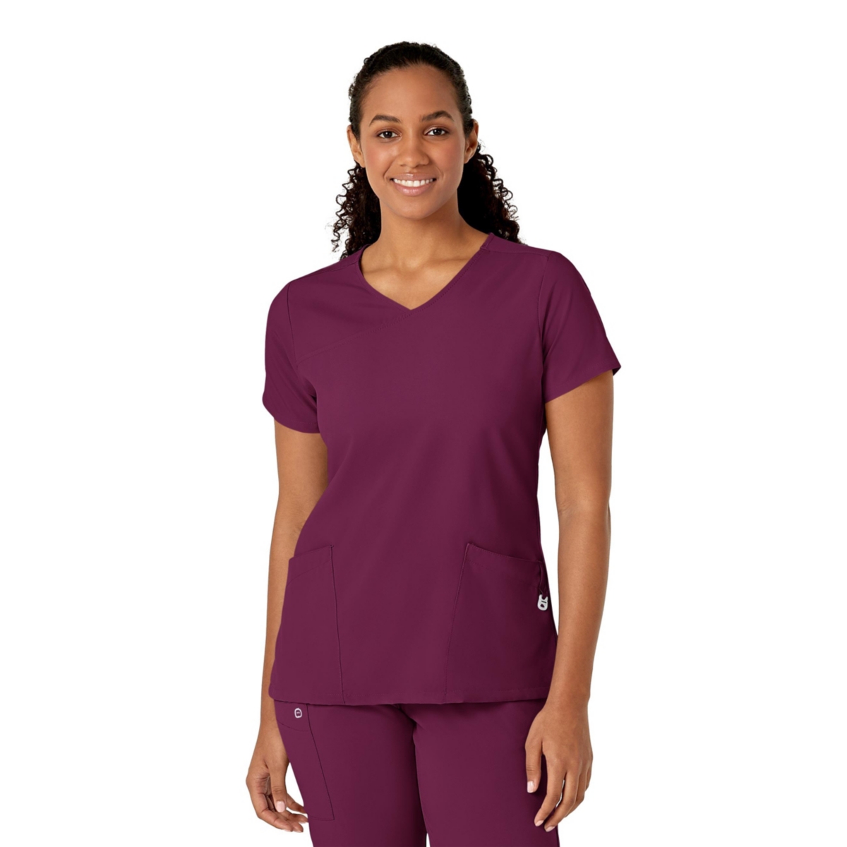 Plus Size W123 Y-Neck Wrap Scrub Top - Wine