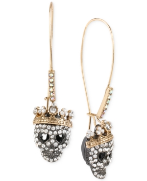 image of Betsey Johnson Two-Tone Pave Skull Long Drop Earrings